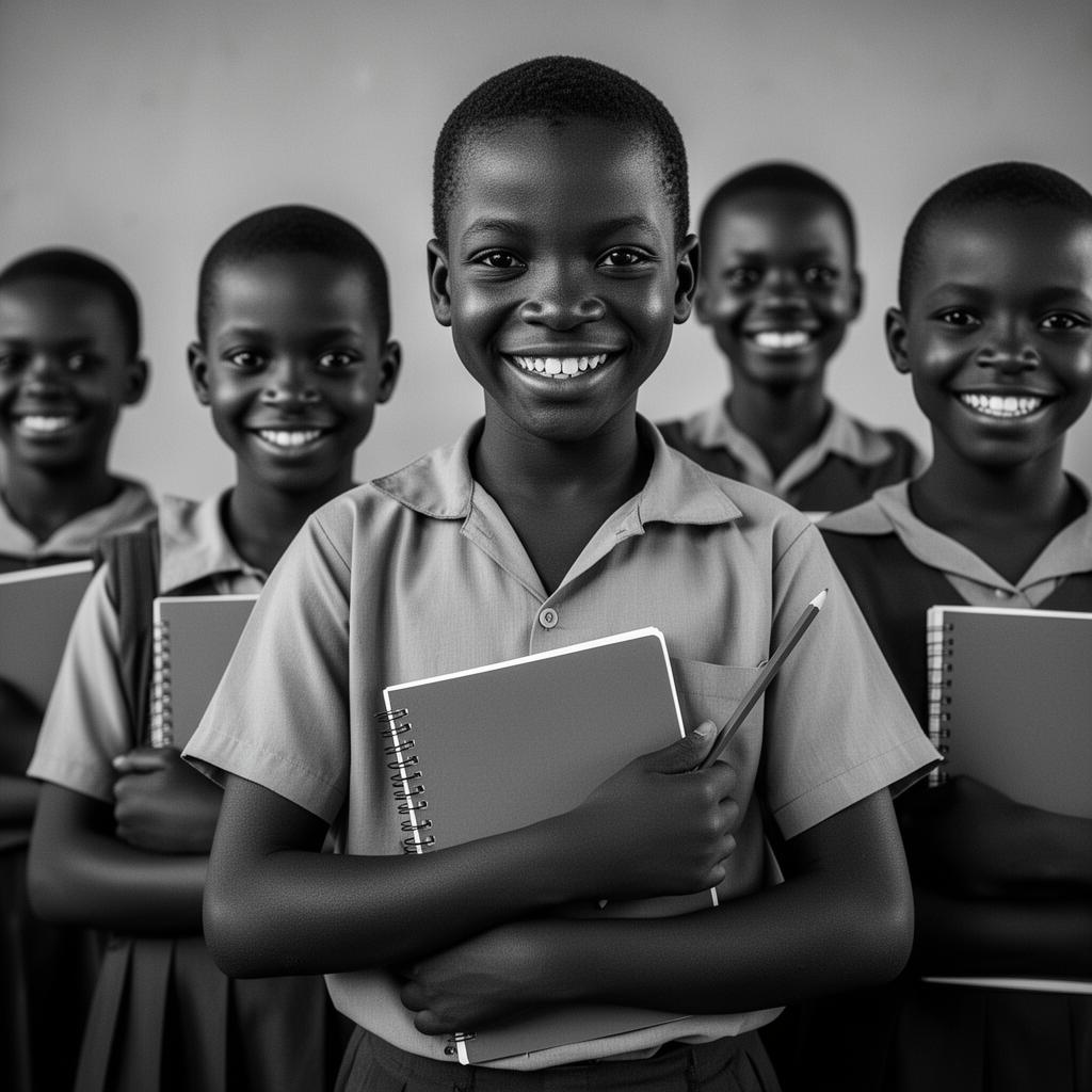 Ugandan schoolchildren in Namuwongo, Kampala, holding notebooks and pencils